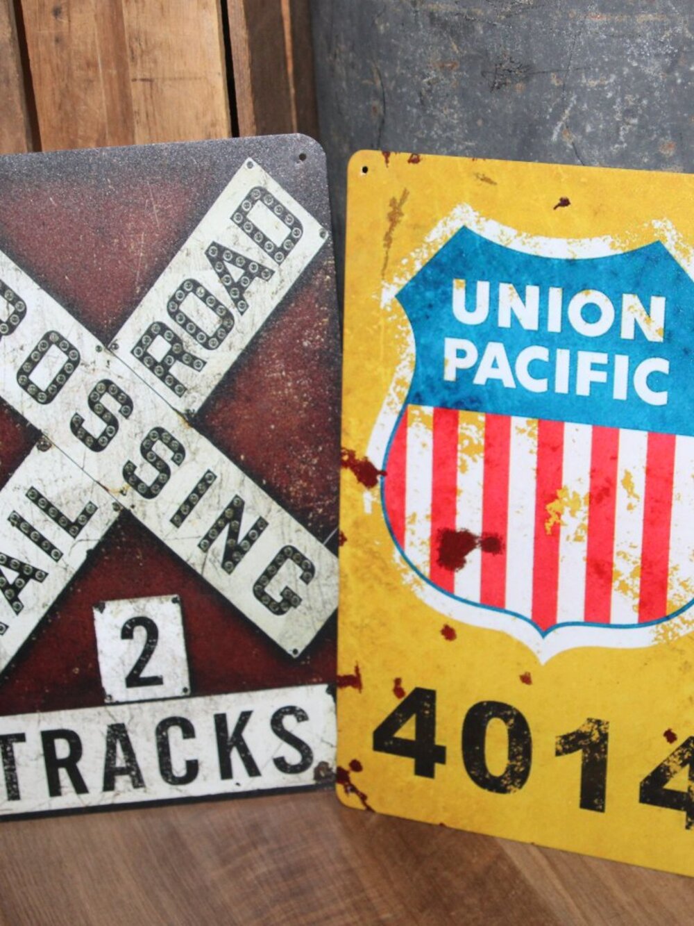 Pair of Colorful Union Pacific & Railroad Crossing Metal Wall Decor Signs